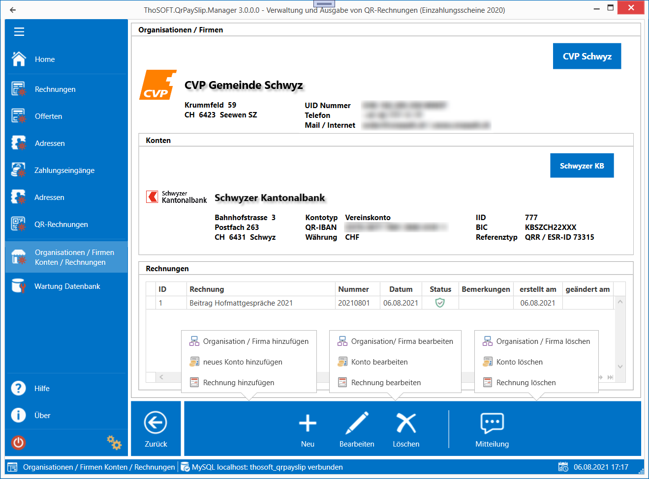 Anwendungsbereich Organisationen / Firmen, Konten, Rechnungen