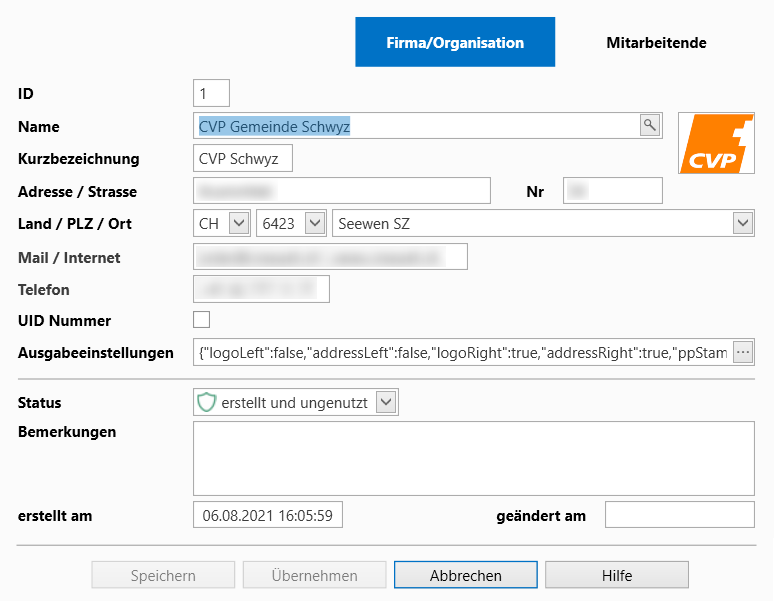 Dialog Organisation / Firma hinzufügen, bearbeiten