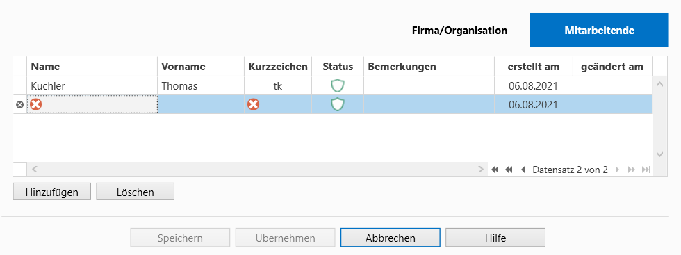 Dialog Organisation / Firma hinzufügen, bearbeiten - Mitarbeitende